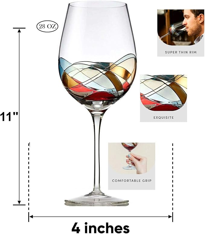 Bezrat Red Wine Glasses Set of 2, Hand Painted Wine Glass, Drinkware Essentials, 11" H, 28oz Wine Lover Large Glass, Glassware Gifts Ideas for Women Inspired by 'Duomo di Milano' Mothers Day (Gold)