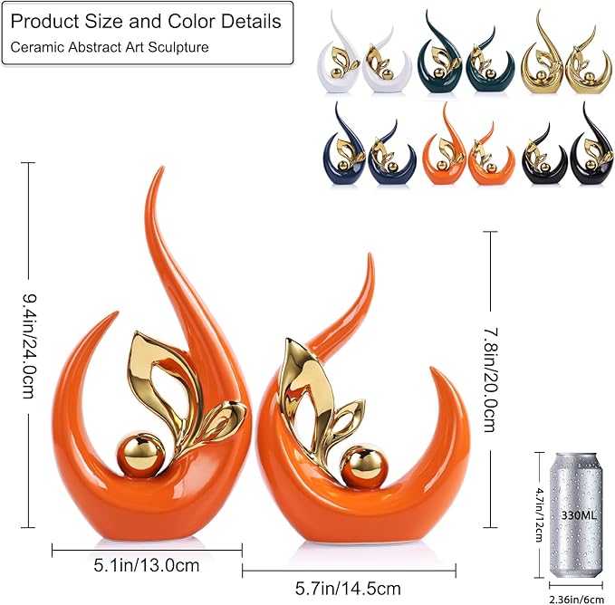 9.4" H Orange Gold Abstract Sculptures Home Decor, Ceramic Art Statue Cool Stuff to Put on Shelves&tv Stand Decor, Gold Accent Entertainment Center, for Fireplace Coffee Table Dining Table Decorate