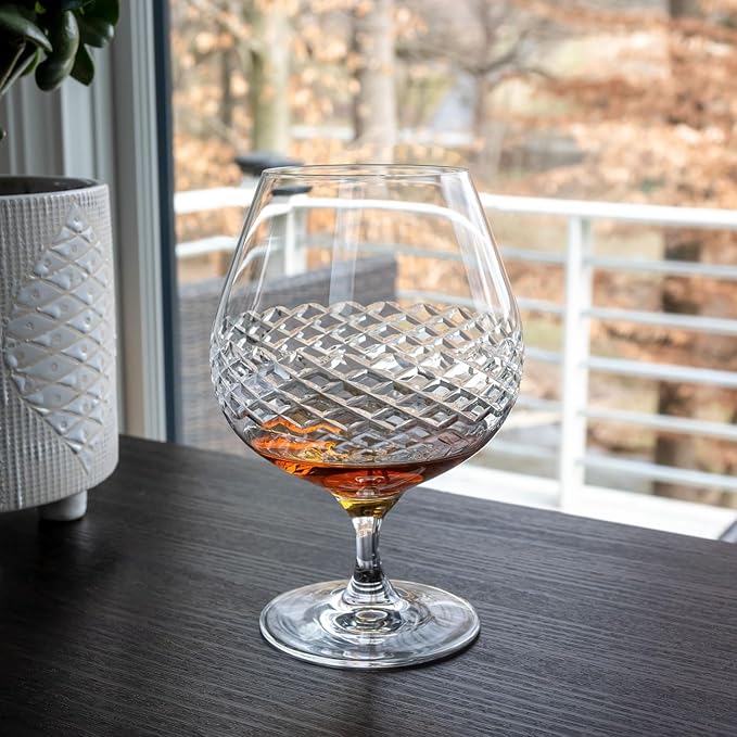 Rolf Glass Diamond Brandy Snifter | 22.5oz Cognac Glass | Lead-Free, Diamond-Wheel Engraved | Designed and engraved in the USA | Etched Crystal Glassware for Brandy, Cognac, Aged Spirits | Set of 4