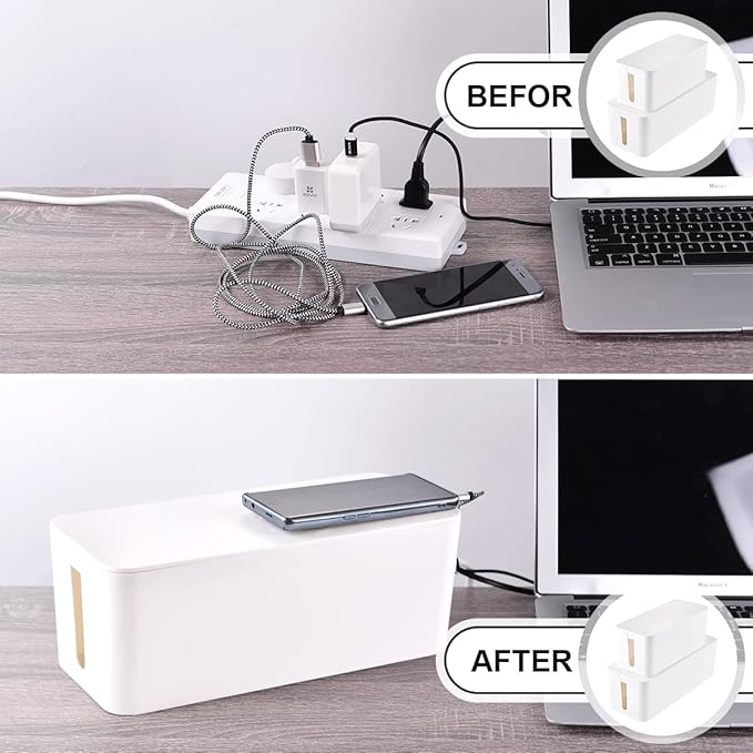 Cable Management Box, 2 Pack Large & Medium Cable Organizer Box with 17 PCS Cable Management Set, Cord Organizer Box to Hide Surge Protector on Desk or Floor (White)