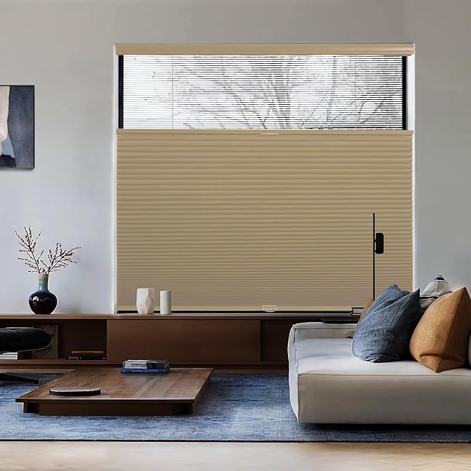 MYshade Top Down Bottom Up（TDBU） Cellular Shades, 1.5 inch Cordless Blackout Honeycomb Pleated Blinds for Windows Home Bedroom Office, Light Control, Thermal Insulated, 30" W x 72" H, Light Brown