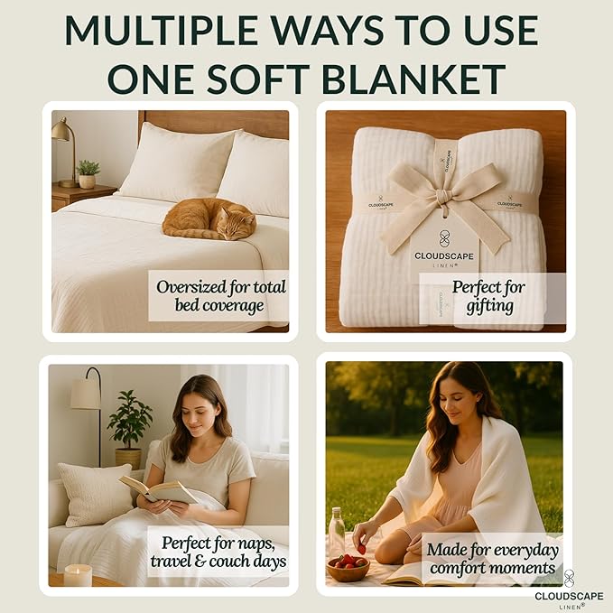 Cloud Scape Linen Extra Large 8-Layer Muslin Throw Blanket, 100% Cotton Gauze Blanket for Couch, Sofa, Bed, Lightweight, Suitable for All Season,50x70, White