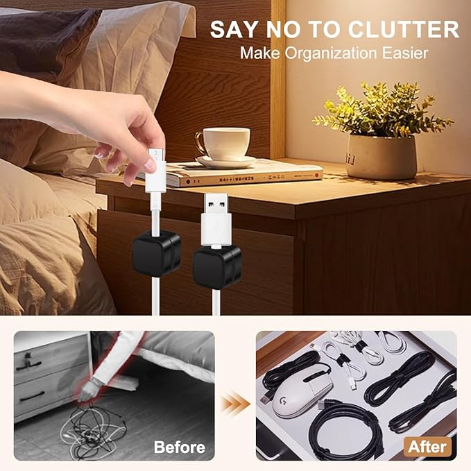 8 Pack Magnetic Cable Clips Cord Holder With Free 0.39*196 Inch Cut - To - Size Binding Tape For Cord Management | Adhesive Cable Organizer For Home, Office, Car - Hide Phone Charging Cables, Desk Use