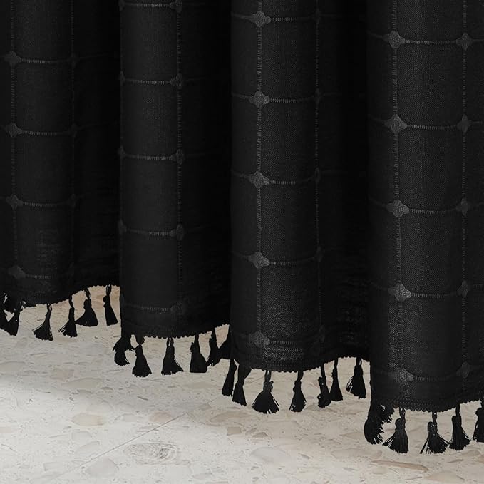 MitoVilla 72 x 78 Black Farmhouse Shower Curtain Set, Boho 78 inch Long Polyester Linen Tassel Fabric Shower Curtain Set for Chic Cottagecore French Rustic Bathroom Decor