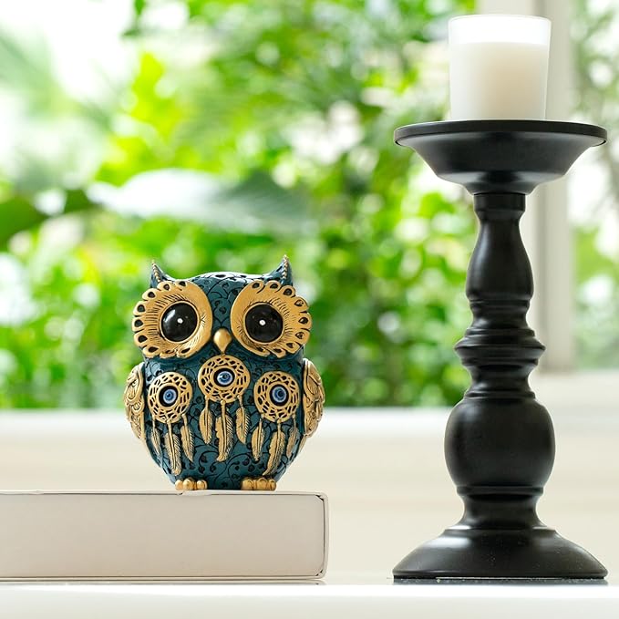 Decorative Owl Figurine, Vintage Blue and Gold Owl Statue Home Decor - Evil Eye Accent for Bookshelf, Bedroom, Living Room, Office & Table. Cute Small Animal Sculpture Gift for Birds Lovers.(Blue)
