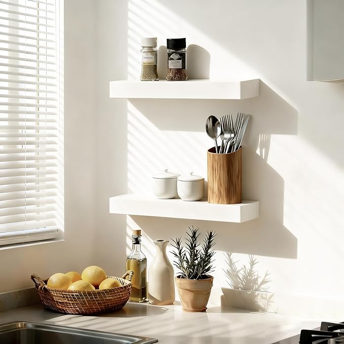 Floating Shelves for Wall(Set of 2)-16 Inch White Wood Wall Shelf with Invisible Brackets for Bathroom,Bedroom,Drawingroom,Kitchen for Decor