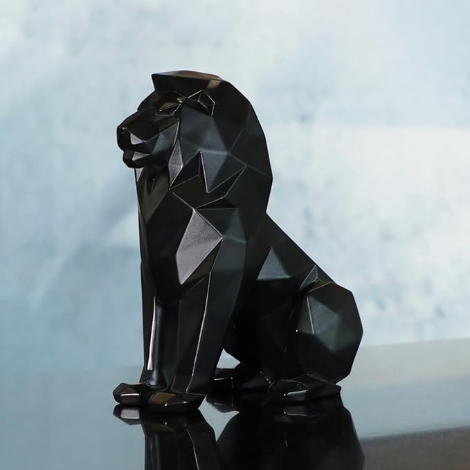 Black Lion Statue for Home Decor Geometric Style Sitting Black Lion Figurine Home Decorative Showpiece, Lion Idol for Office Decoration, Handmade Animal Statue Resin, Size 7.67 inch