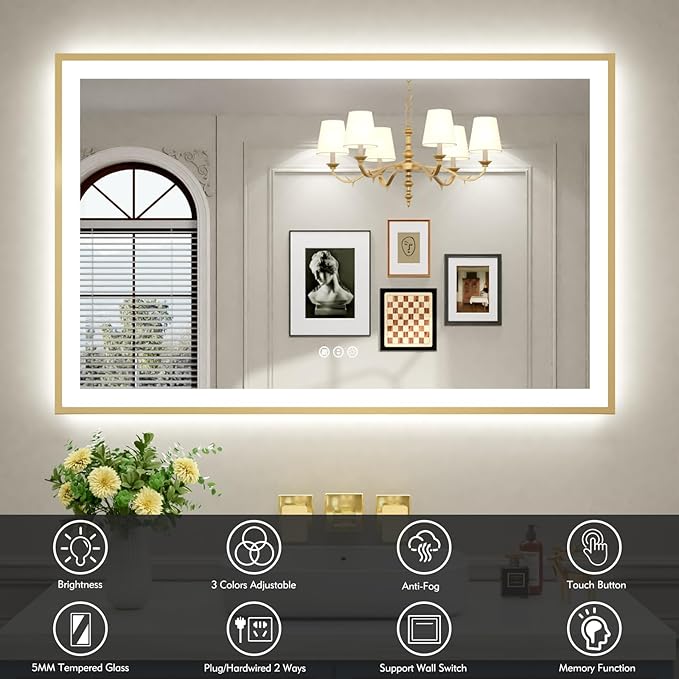 55x36 LED Bthroom Mirror with Gold Metal Frame, Dimmable Lighted Mirror with Backlit and Front-lit,LED Vanity Mirror for Wall, Memory Function, Tempered Glass, Anti-Fog