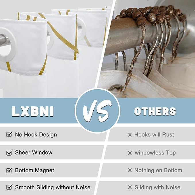 No Hook Gold White Striped Shower Curtain with Snap in Liner Set - Hotel Shower Curtain and Liner Set with See Through Mesh Top Window,Machine Washable, 71x74 INCH