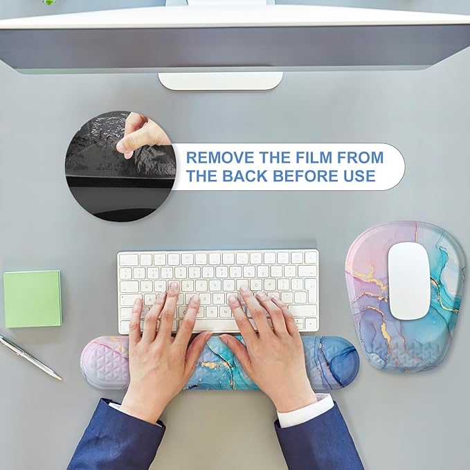 Mouse Pad with Wrist Rest, Comfortable Memory Foam Wrist Rest for Computer Keyboard, Ergonomic Mouse Pad Set for Easy Typing & Pain Relief - Blue Pink