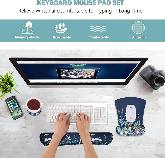 AIMSA Ergonomic Keyboard Wrist Rest and Mouse Pad with Wrist Support Set, Memory Foam Non-Slip Rubber Base, for Home, Office, Easy Typing, Pain Relief, Flowers Plants
