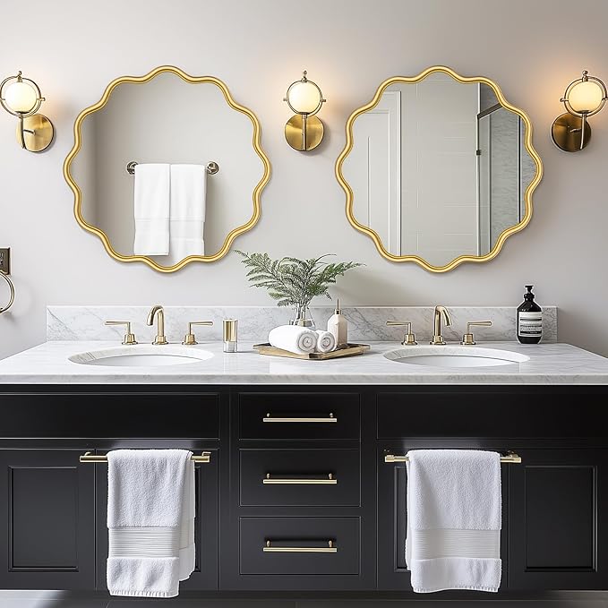 PROHOMEWARE Gold Round Mirror 24 Inch Wavy Bathroom Vanity Mirror Gold Frame Modern Wall Mirror Decorative Wall-Mounte Anti-Rust, Tempered Glass