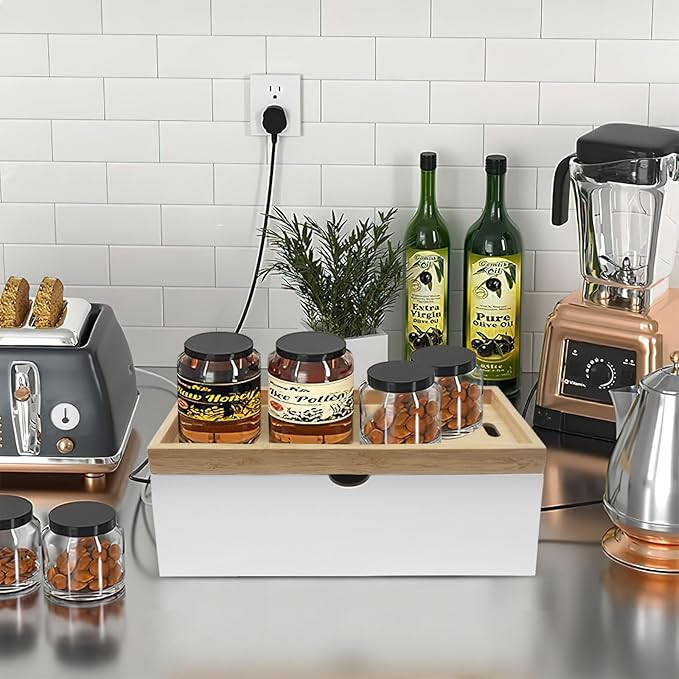 Bamboo Cable Management Box, Large Cord Organizer Box Cable Box to Hide Wires & Power Strips for Desktop Storage Cord Holder for Office Home,No Assembley Required