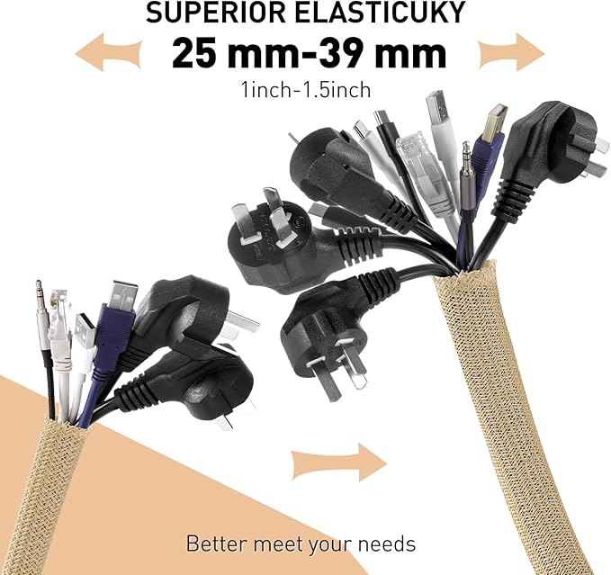 AGPTEK Cable Sleeve Cover, 10ft - 1.5 inch Desk Cord Organizer Cable Hider, Home Office Wire Management Computer TV Wire Loom Tubing, Pet Proof Cord Protector, from Cat Dog Chewing, Wood Color