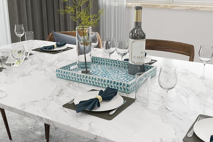 PEMAR Rectangular Mother of Pearl Serving Tray Nacre Wood Lap Ottoman Tray for Coffee Table, Luxury Decorative Handmade Eating Platters w Insert Handles (Teal Floral Pattern)