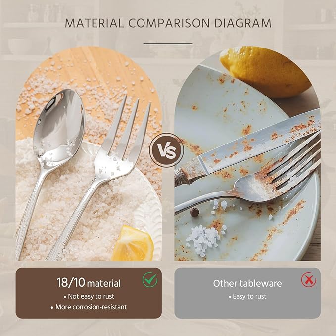 KINGSTONE Hammered 5-Piece Serving Utensil Set, 18/10 Stainless Steel Flatware for Catering, Party Include Spoons, Slotted Spoon, Fork, Butter Knife - Mirror Finish & Dishwasher Safe