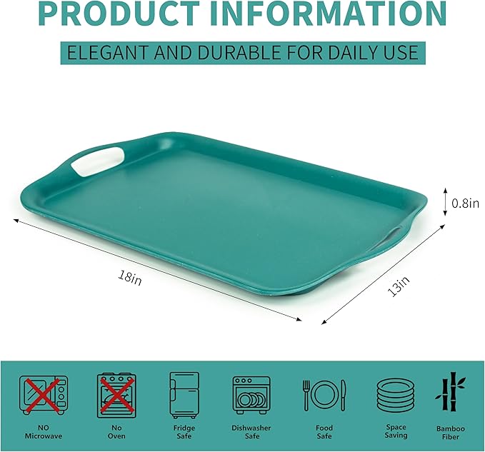 KINGEN 2-Pack Evergreen Serving Trays -18×13-inch Extra Large w/Handles Tray, Holiday Platters for Holiday Buffets, BBQ, Party Serving, Christmas Dinner Green Designed for Christmas (Bamboo Fiber)