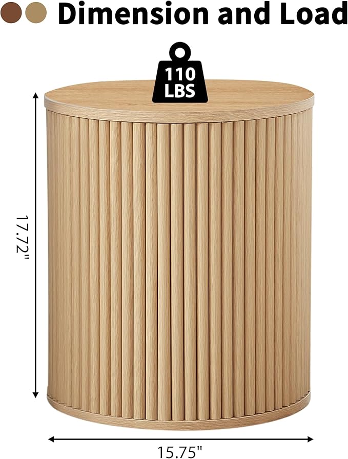 AVZEAR Fluted Round Side Table with Storage, Small End Table Modern Boho Nightstands, Circle Bedside Tables Bohemian Accent Table Wood Night Stand for Small Spaces, Living Room, Bedroom (Nature)