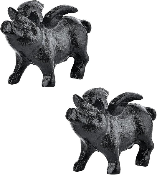Sungmor Whimsical Cast Iron Flying Pig Statue, 2pcs Rustic Black Cute Little Piggy Paperweight, Garden Collection Figurine Home Office Desk Ornament, Indoor Outdoor Animal Statues