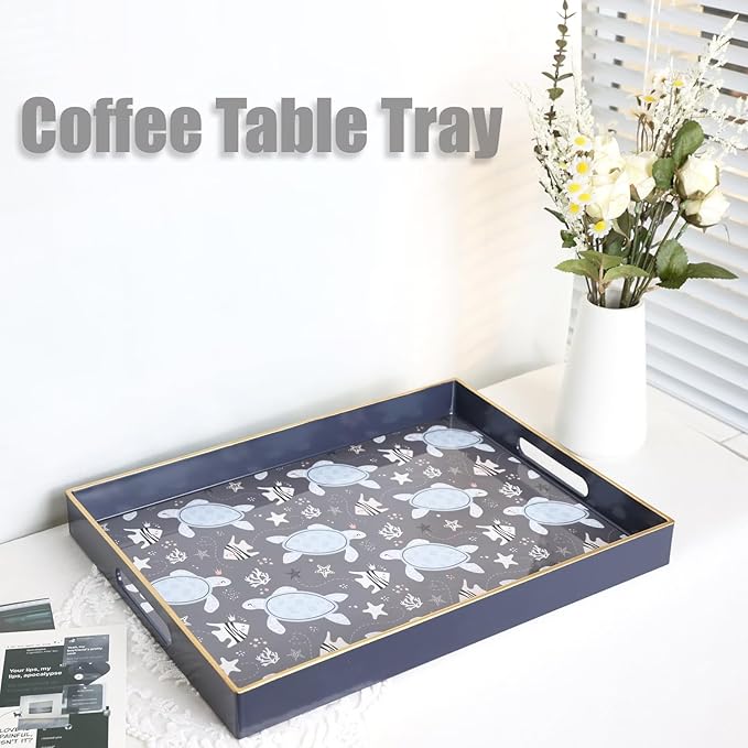 Spsyrine Decorative Serving Tray with Handles, Blue Lacquered Coffee Table Tray for Ottoman, Rectangle Waterproof Platters for Centerpieces, Parties, Living Room, Kitchen Counter Organization Turtle