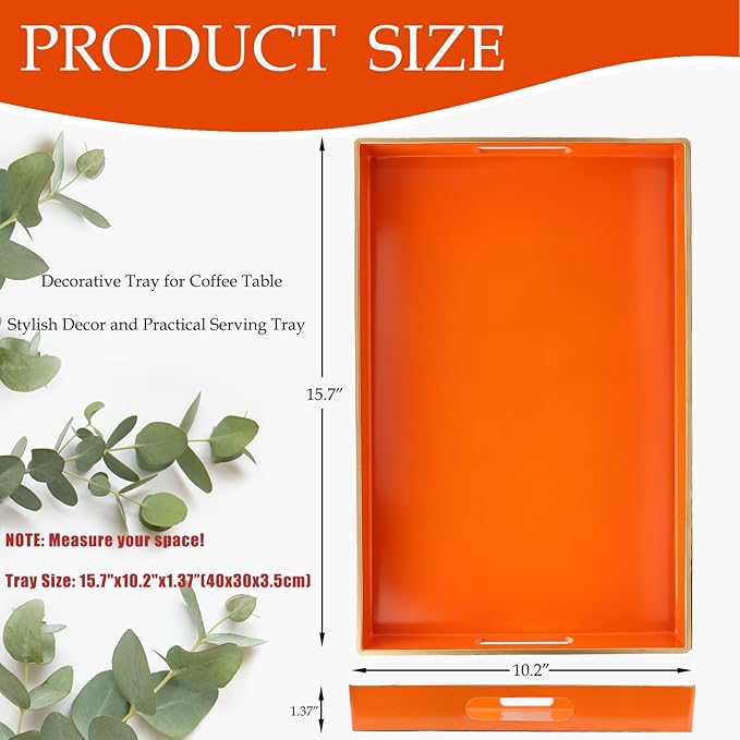 Spsyrine Orange Decorative Serving Tray with Handles, Elegant Plastic Coffee Table Tray for Ottoman, Living Room, Home Decor 15.6" X 10.2"