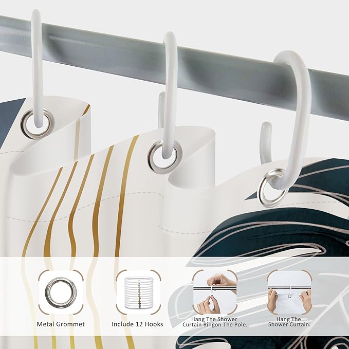 Glawry Boho Navy Blue Shower Curtain Mid Century Abstract Tropical Palm Leaf Modern Minimalist Plant Botanical Bathroom Geometric 60Wx72L Inches Bath Accessories Art Home Decor Fabric 12 Pack Hooks