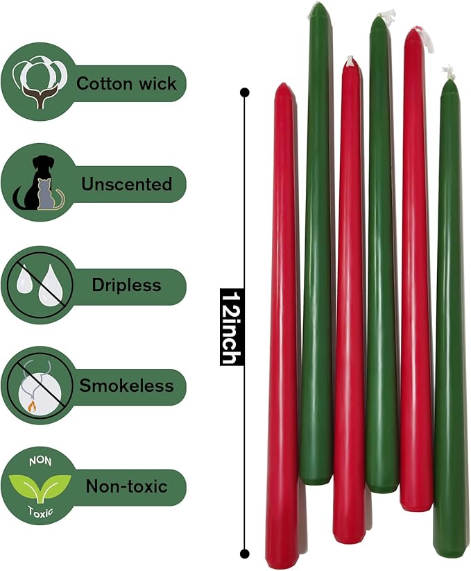 12 Inch Taper Candles 6 Pcs Unscented, Smokeless, Dripless Long Tapered Candlesticks Candles for Christmas Birthday Dinner Wedding Party Home Decor