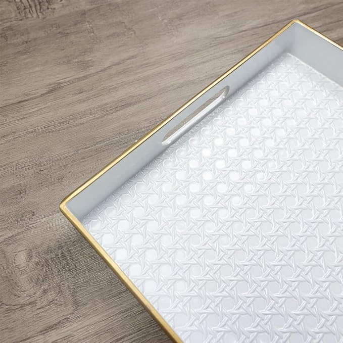 White Decorative Coffee Table Tray, Rectangular Plastic Serving Tray with Handles for Living Room, Ottoman, Bathroom, 15.7"*10.2"