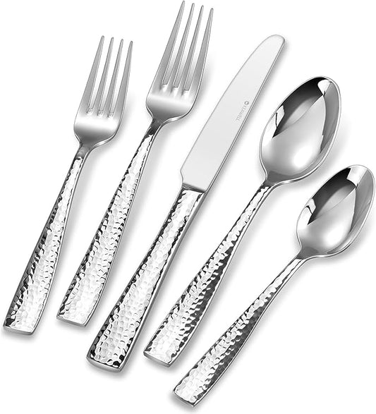 KEAWELL Premium 20/45/65 Piece Louis Hammered Silverware Set with Squared Edge, 18/10 Stainless Steel, Service for 4/8/12, Fine Flatware Set, Dishwasher Safe (65)