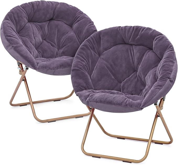 Magshion Saucer Chair for Adults, Comfy Living Room Lounge Chair for Bedroom Corner, Dorm, Apartment, Faux Fur Fluffy Circle Accent Seat with Thick Padded & Folding Metal Frame (Purple, Set of 2)