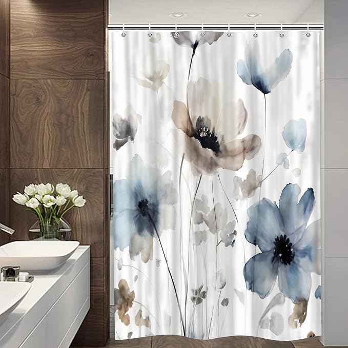 Sanzugh Boho Floral Small Camper RV Shower Curtain for Travel Trailer Bathroom, Cream Tan Beige Blue Camping Fabric Shower Curtains Set, Happy Camp Outdoor Decor Accessories with Hooks 47X64 inch
