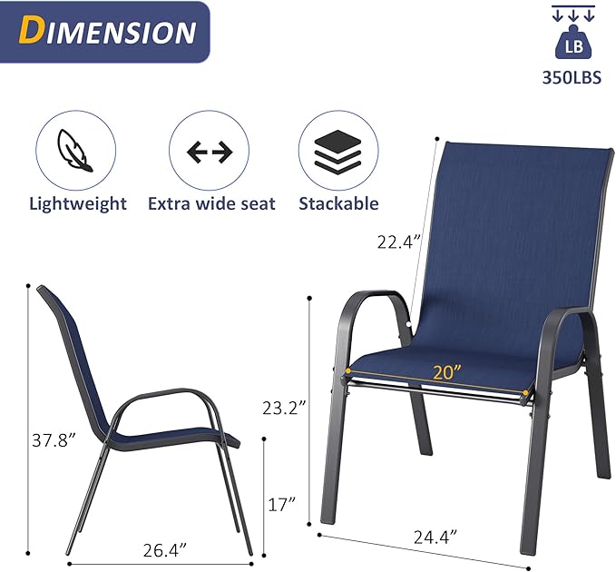 Amopatio 7 Pieces Patio Dining Set, Outdoor Table and Chairs, Square Metal Table with Umbrella Hole, 6 Stackable Chairs, Patio Furniture Sets for Deck, Backyard, Garden and Poolside, Navy Blue