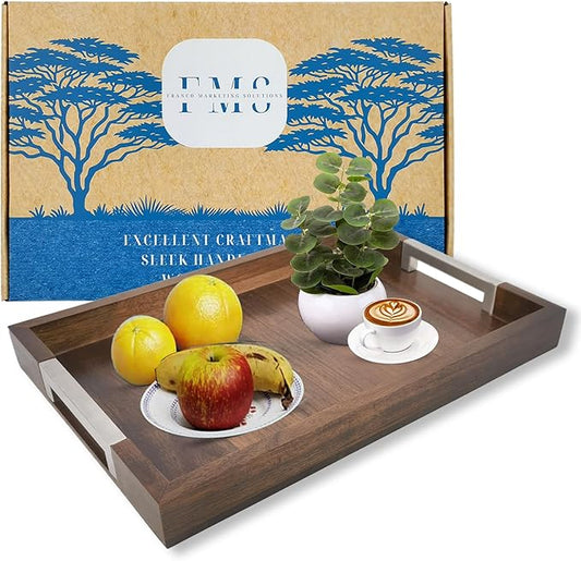 Large Wooden Ottoman Tray with Handles for Serving Food, Decorative Serving Platter for Breakfast, Dinner & Bar, 17.5x11.8 in Rustic Storage Tray for Kitchen, Bedroom & Gift Packaging