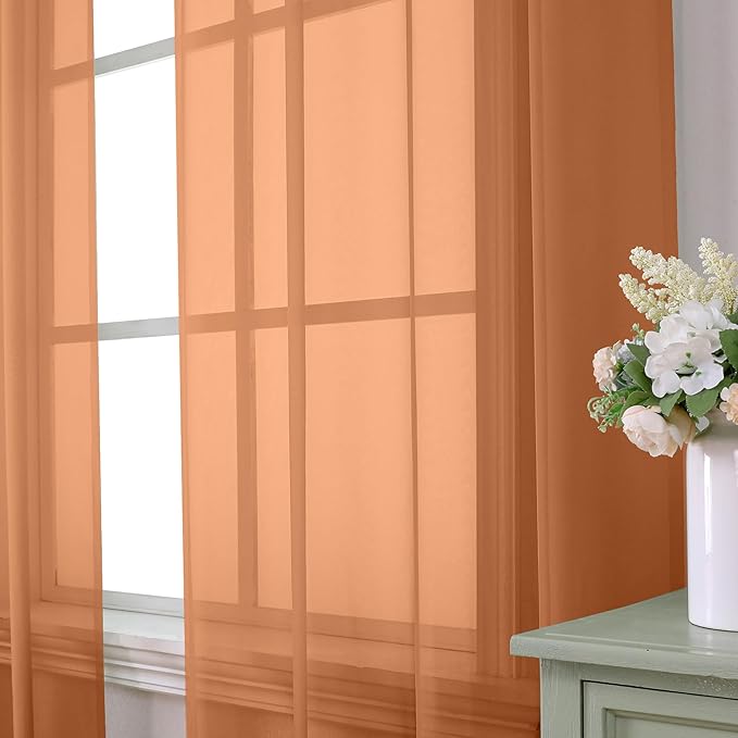 Aiyufeng Orange Sheer Curtains 54 Inch Length 2 Panels Set, Light Filtering Airy Rod Pocket Orange Window Curtain Treatment Drapes for Kitchen Bedroom Living, Each 42Wx54L Inches