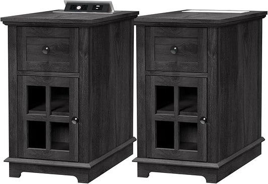 HIFYOBRO Narrow End Table with Flip Top Charging Station Set of 2, Storage Side Table with Drawer and Cabinet, Type-C & USB Port & Power outlets, Wooden Storage Cabinet for Bedroom/Living Room