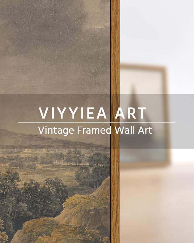 VIYYIEA Vintage Framed Canvas Wall Art, Antique Tree Mountain Art Prints, Classical European Landscape Decor for Living Study Room Bedroom Hallway Fireplace Office, Rustic Country Decor,16x24 Inch