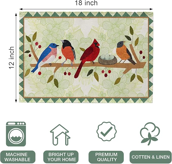 Seliem Spring Birds Tree Branches Placemats Set of 4, Cardinal Bluebird Bullfinch Dining Table Place Mats, Summer Seasonal Farmhouse Kitchen Decor Home Decoration 12 x 18 Inch