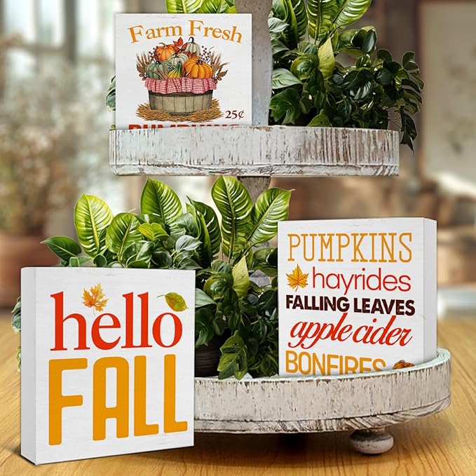 3 Pcs Fall Wood Signs Decor Autumn Wood Block Signs Farmhouse Hello Fall Pumpkins Wooden Box Signs Decorations for Home Tiered Tray Desk Table Shelf