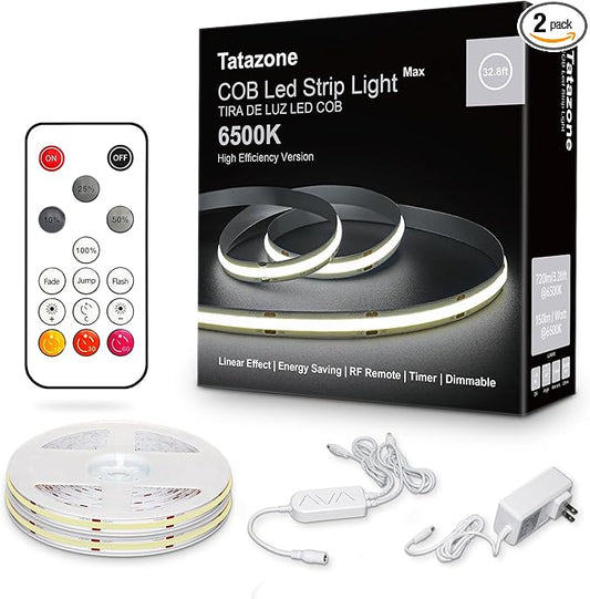 32.8ft 6500K White COB Led Strip Light with RF Remote, Dimmable Ultra Bright Daylight White COB Light Strip, Indoor Led Lights for Kitchen, Bedroom, Cabinet, 2 Rolls of 16.4ft