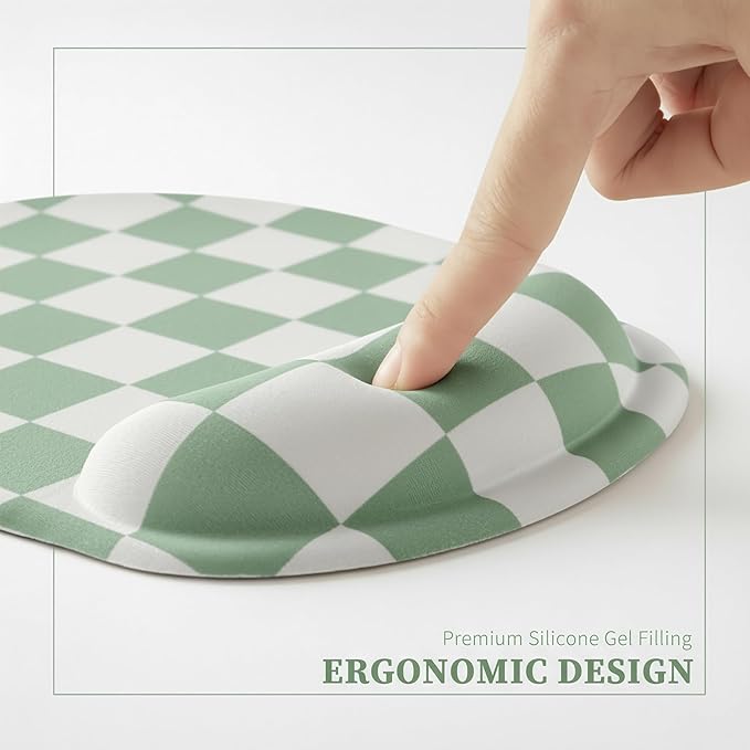 Sage Green Checkered Mouse Pad with Gel Wrist Rest, Wrist Support, Ergonomic Desk Accessories for Women, Office Laptop Gaming Decor, Cute Aesthetic Trendy Check Design