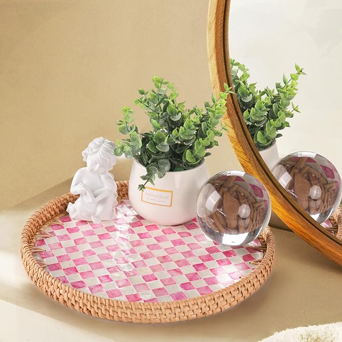 Round Rattan Tray with Mother of Pearl Inlay, Rattan Serving Tray for Coffee, Bread, Fruits, Decorative Wicker Tray for Table Decor, Home Decor, Kitchen Island Decor(Pink Checkerboard, 11.8")