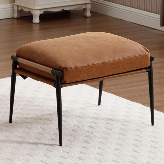 LukeAlon Upholstered PU Leather Footstool, Modern Ottoman Footrest Small Shoe Stool with Black Metal Legs Mid Century Vanity Stool with Armrests for Living Room Entrance Cushion Removable, Brown