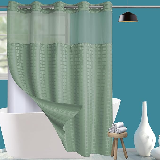 Extra Long No Hook Sage Green Shower Curtain with Snap in Liner Set, Hotel Luxury Shower Curtains for Bathroom with See Through Top Window, Waterproof, Washable 71W x 84H