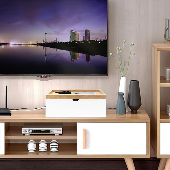 Bamboo Cable Management Box, Large Cord Organizer Box Cable Box to Hide Wires & Power Strips for Desktop Storage Cord Holder for Office Home,No Assembley Required