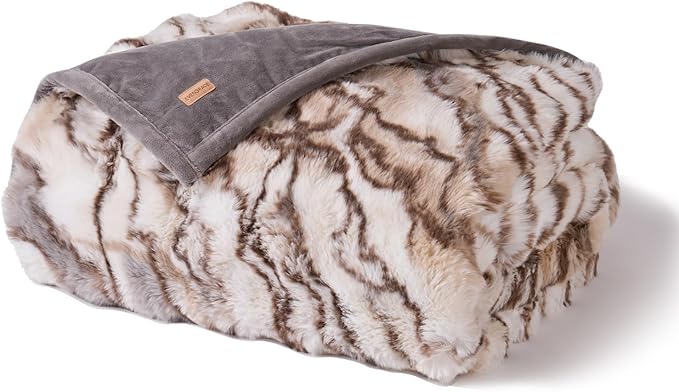 EverGrace Ultra Soft Luxury Fluffy Faux Rabbit Fur Throw Blanket, Thick Warm Bubble Throw for Bed, Cozy Plush Reversible Blankets for Couch, Chair, Sofa, Beige & Gray, 60x80 Inches