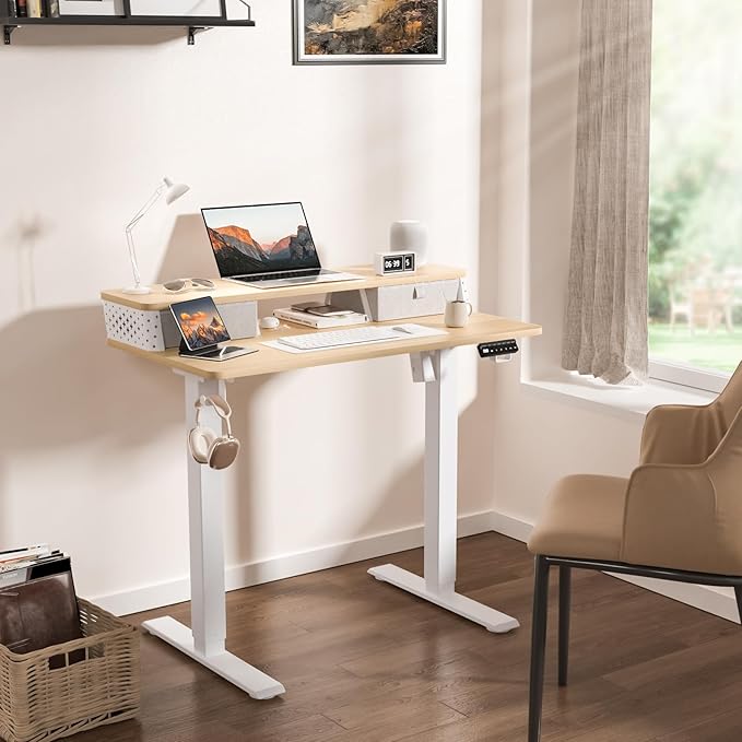 40 x 24 Inch Standing Desk with 2 Drawers, Easily Assembled Height Adjustable Desk, Ergonomic Sit to Stand Electric Desk for Home Office Workstation, Natural