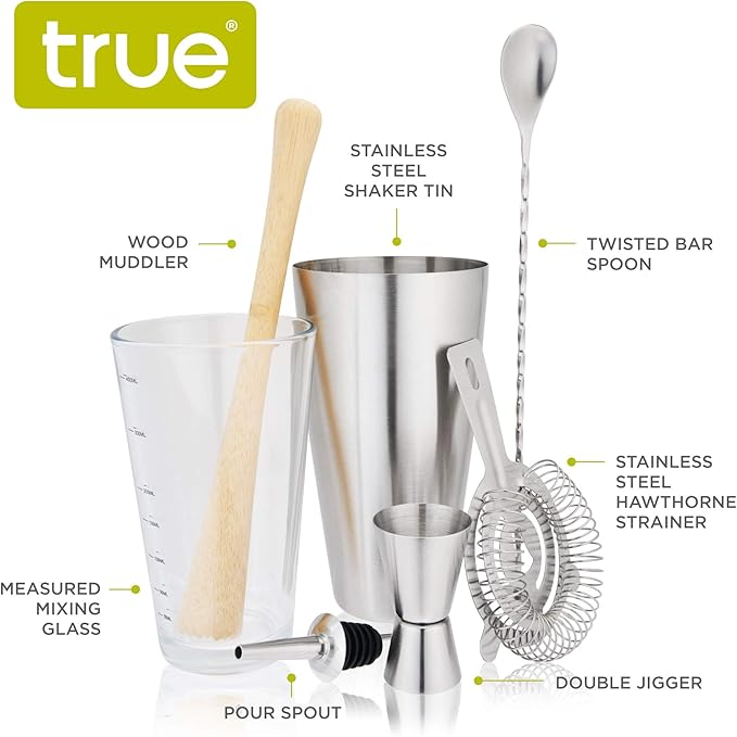 True 7-Piece Barware Set for Mixed Drinks and Cold Brew Cocktails, Includes Boston Cocktail Shaker Tin, Mixing Glass, Jigger, Muddler, Strainer, Bar Spoon, Pour Spout for Home Bar, Bartender Gifts