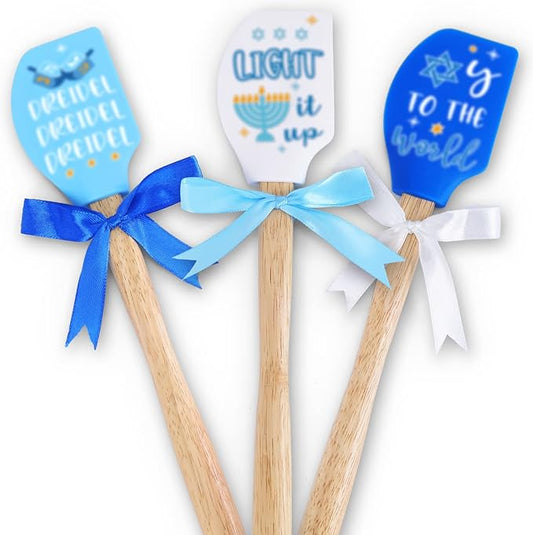 Hanukkah Silicone Spatula 3PCS Flexible Food Grade Gift Idea for Mom Heat Resistant Kitchen Utensil Home Decor Baking Housewarming Birthday Wedding with Wooden Handle and Ribbon Bow with greeting card