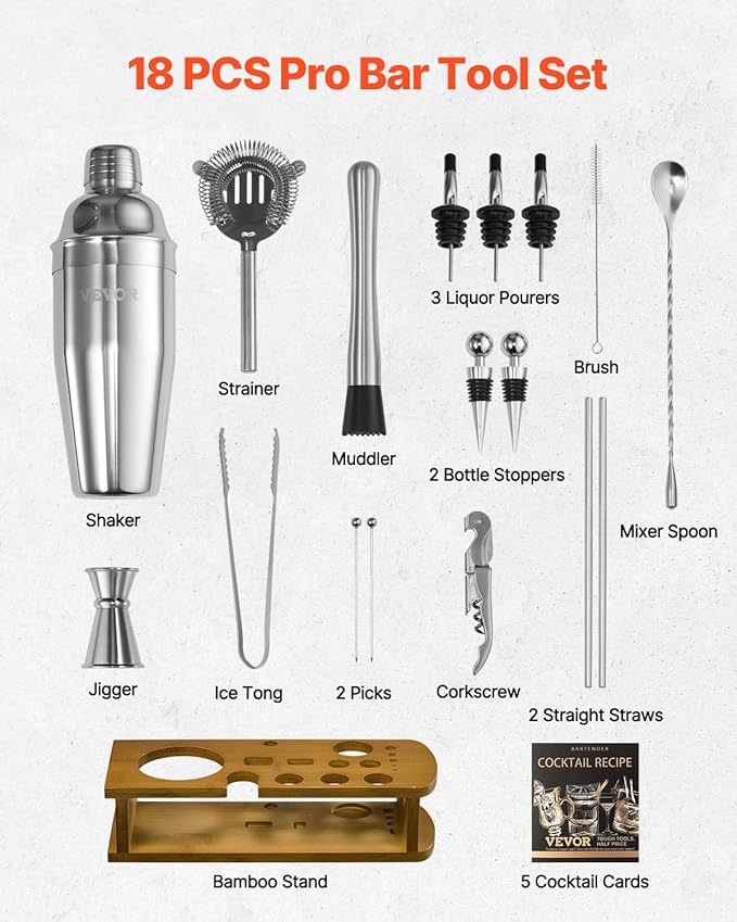 VEVOR Cocktail Shaker Set, 18-Piece Stainless Steel Bar Tools with Bamboo Stand, Martini Bartender Kit Accessories | Mixer Spoon, Muddler, Jigger, Strainer, Liquor Pourers, Ice Tong, Corkscrew, Silver