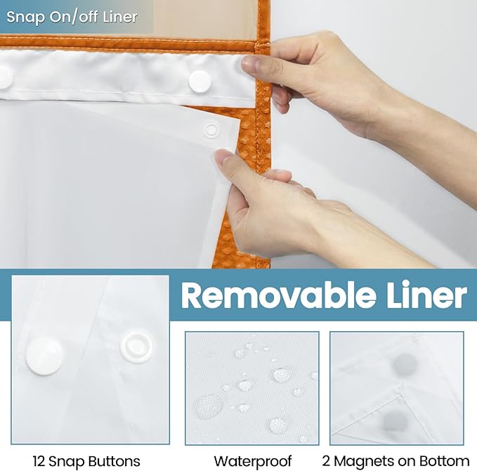 Burnt Orange Long No Hook Shower Curtain with Snap in Liner,230GSM Waffle Weave Shower Curtains for Bathroom,71W x 86H